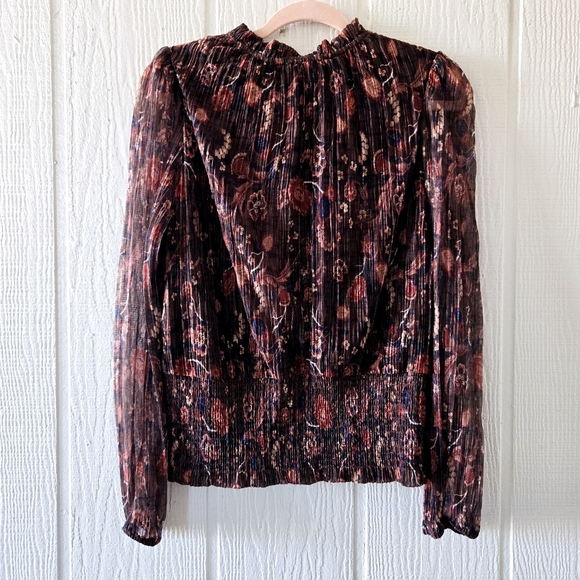 Joie Boho Floral Metallic Smocked Cropped Peasant Top Sheer Sleeves Brown Large - Picture 3 of 7